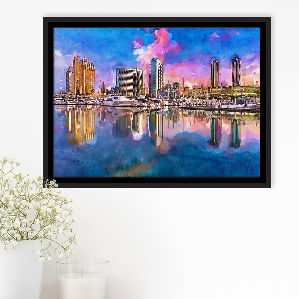 San Diego California Usa Downtown City City Art Watercolor Framed Canvas Prints Wall Art Home Decor,Floating Frame