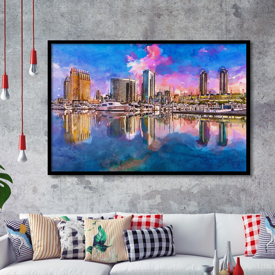 San Diego California Usa Downtown City City Art Watercolor Framed Art Prints Wall Art Decor,Framed Picture