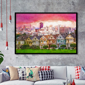 San Francisco California Cityscape Alamo Square City Art Watercolor Framed Art Prints Wall Art Decor,Framed Picture