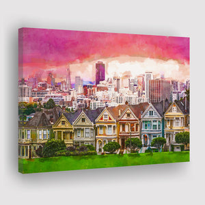 San Francisco California Cityscape Alamo Square City Art Watercolor Canvas Prints Wall Art Home Decor, Large Canvas