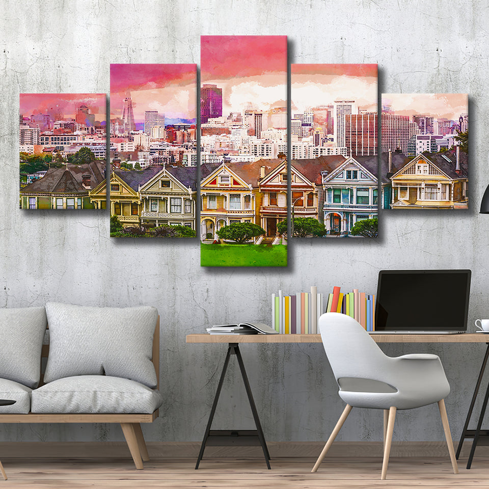 San Francisco California Cityscape Alamo Square 5 Pieces Mixed Canvas Prints Wall Art Home Decor