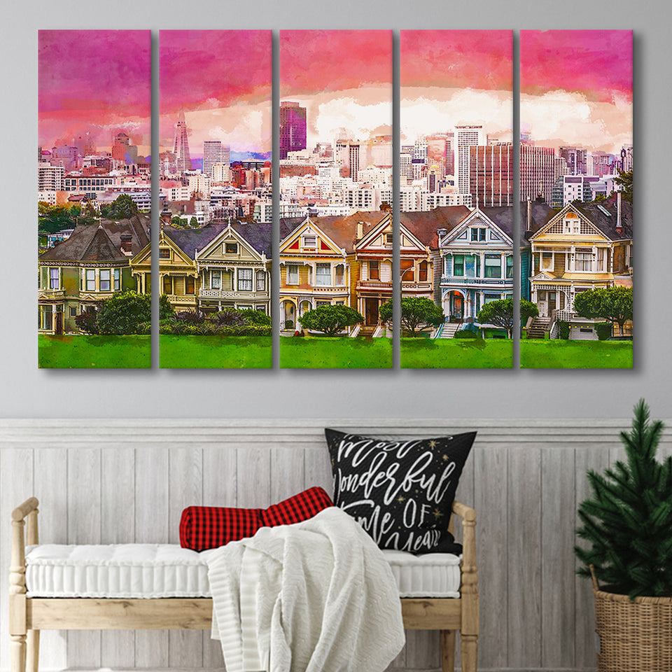 San Francisco California Cityscape Alamo Square 5 Pieces Extra Large Canvas Prints Wall Art Home Decor