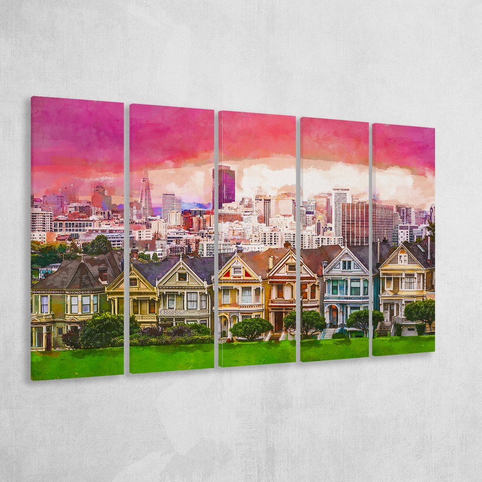 San Francisco California Cityscape Alamo Square 5 Pieces Extra Large Canvas Prints Wall Art Home Decor
