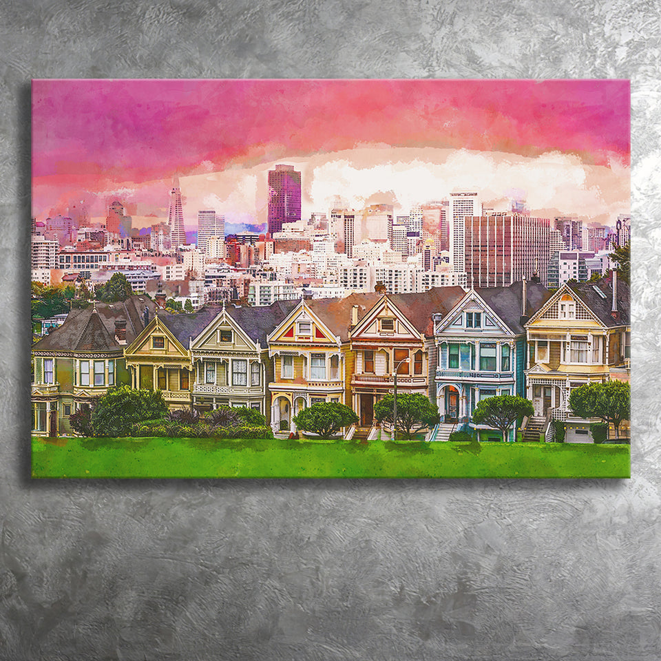 San Francisco California Cityscape Alamo Square City Art Watercolor Canvas Prints Wall Art Home Decor, Large Canvas