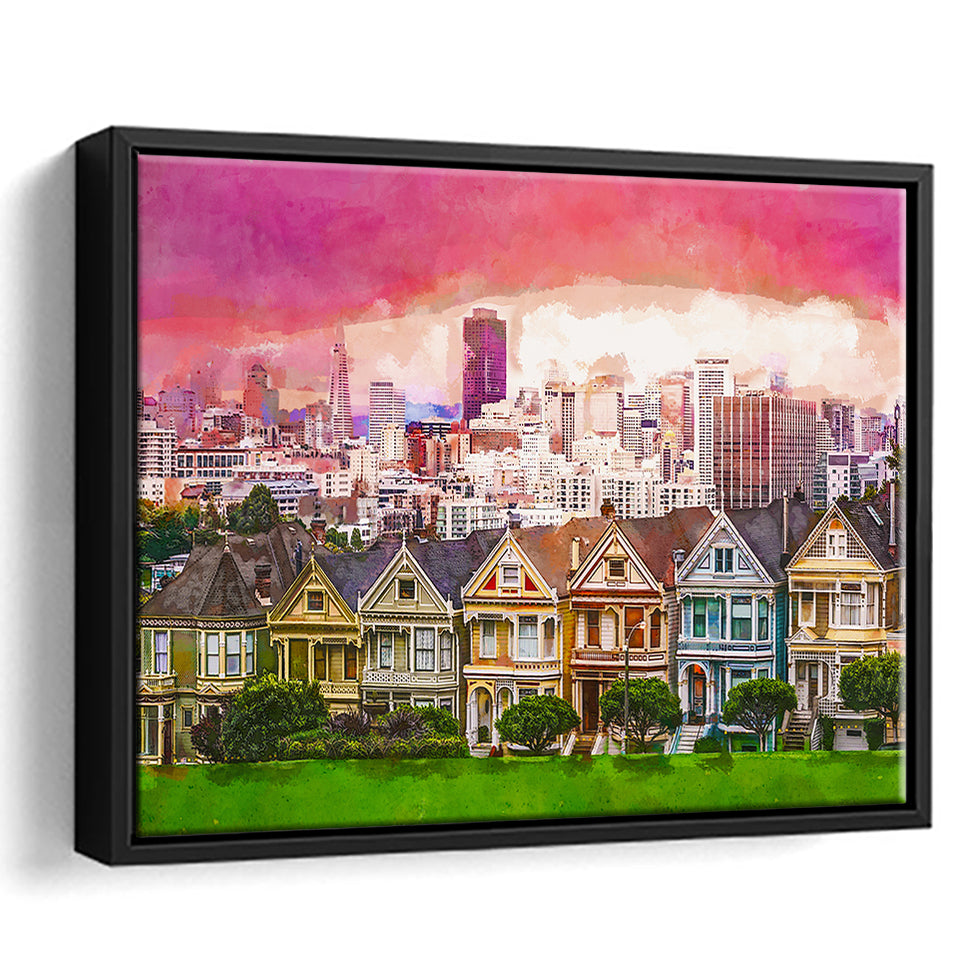 San Francisco California Cityscape Alamo Square City Art Watercolor Framed Canvas Prints Wall Art Home Decor,Floating Frame