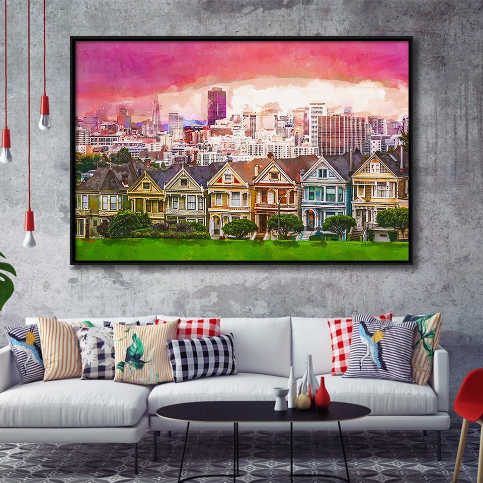 San Francisco California Cityscape Alamo Square City Art Watercolor Framed Canvas Prints Wall Art Home Decor,Floating Frame