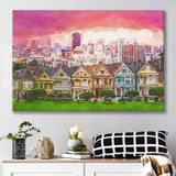 San Francisco California Cityscape Alamo Square City Art Watercolor Canvas Prints Wall Art Home Decor, Large Canvas