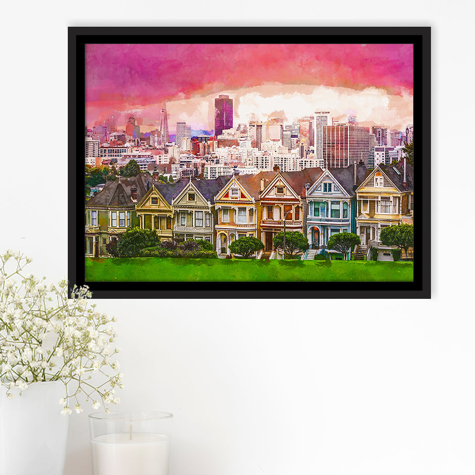 San Francisco California Cityscape Alamo Square City Art Watercolor Framed Canvas Prints Wall Art Home Decor,Floating Frame