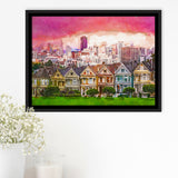 San Francisco California Cityscape Alamo Square City Art Watercolor Framed Canvas Prints Wall Art Home Decor,Floating Frame