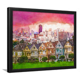 San Francisco California Cityscape Alamo Square City Art Watercolor Framed Art Prints Wall Art Decor,Framed Picture