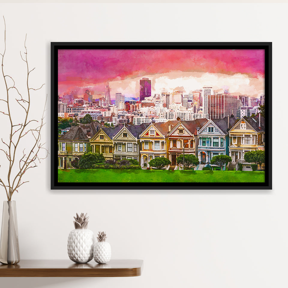 San Francisco California Cityscape Alamo Square City Art Watercolor Framed Canvas Prints Wall Art Home Decor,Floating Frame