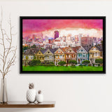 San Francisco California Cityscape Alamo Square City Art Watercolor Framed Canvas Prints Wall Art Home Decor,Floating Frame
