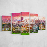San Francisco California Cityscape Alamo Square 5 Pieces Mixed Canvas Prints Wall Art Home Decor