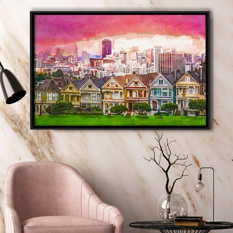San Francisco California Cityscape Alamo Square City Art Watercolor Framed Canvas Prints Wall Art Home Decor,Floating Frame