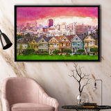 San Francisco California Cityscape Alamo Square City Art Watercolor Framed Canvas Prints Wall Art Home Decor,Floating Frame