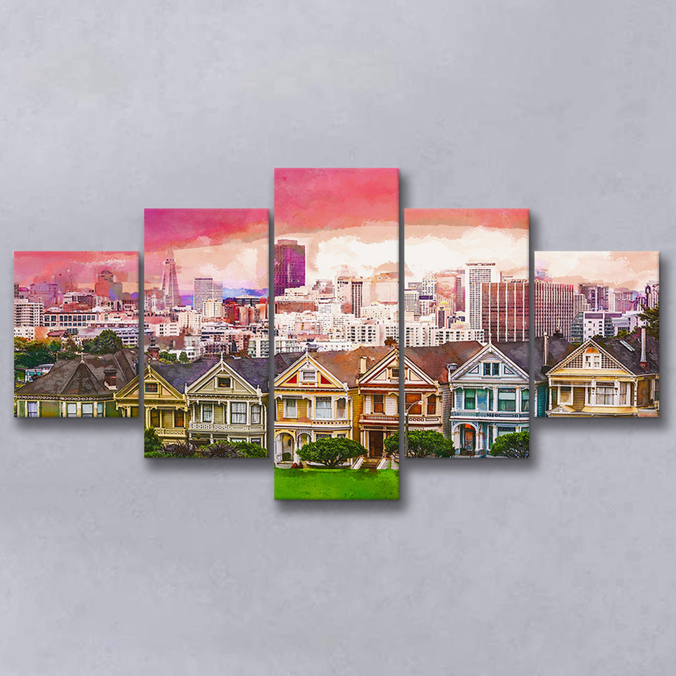 San Francisco California Cityscape Alamo Square 5 Pieces Mixed Canvas Prints Wall Art Home Decor