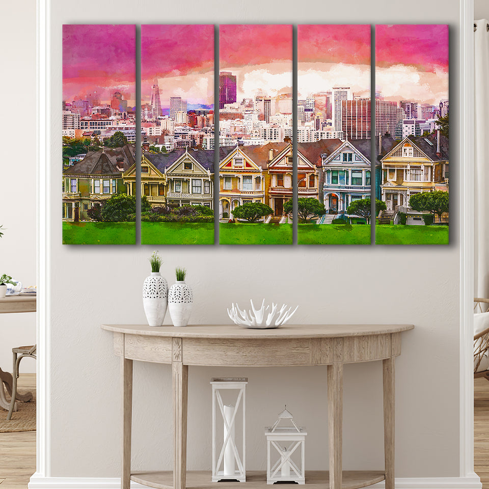 San Francisco California Cityscape Alamo Square 5 Pieces Extra Large Canvas Prints Wall Art Home Decor