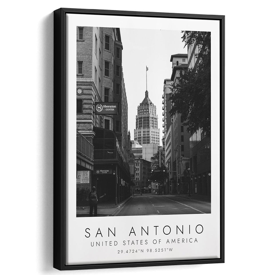 San Antonio, Usa Black And White Art Framed Canvas Prints Wall Art Home Decor, Floating Frame