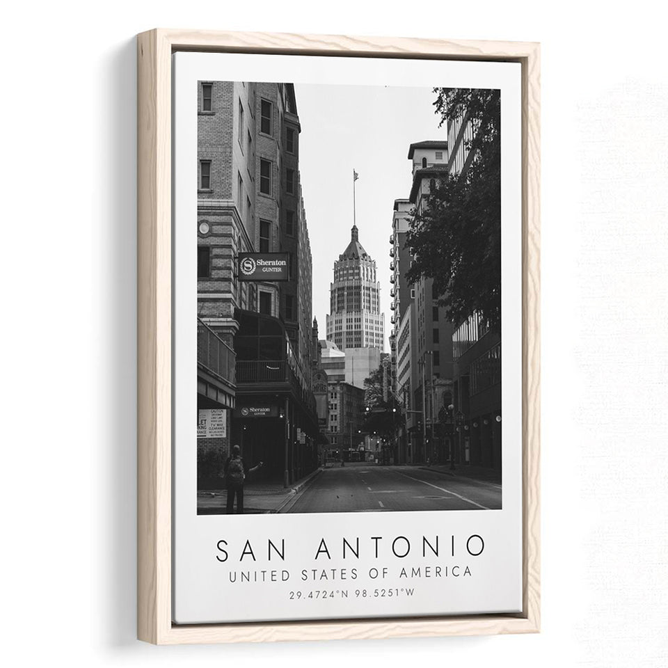 San Antonio, Usa Black And White Art Framed Canvas Prints Wall Art Home Decor, Floating Frame