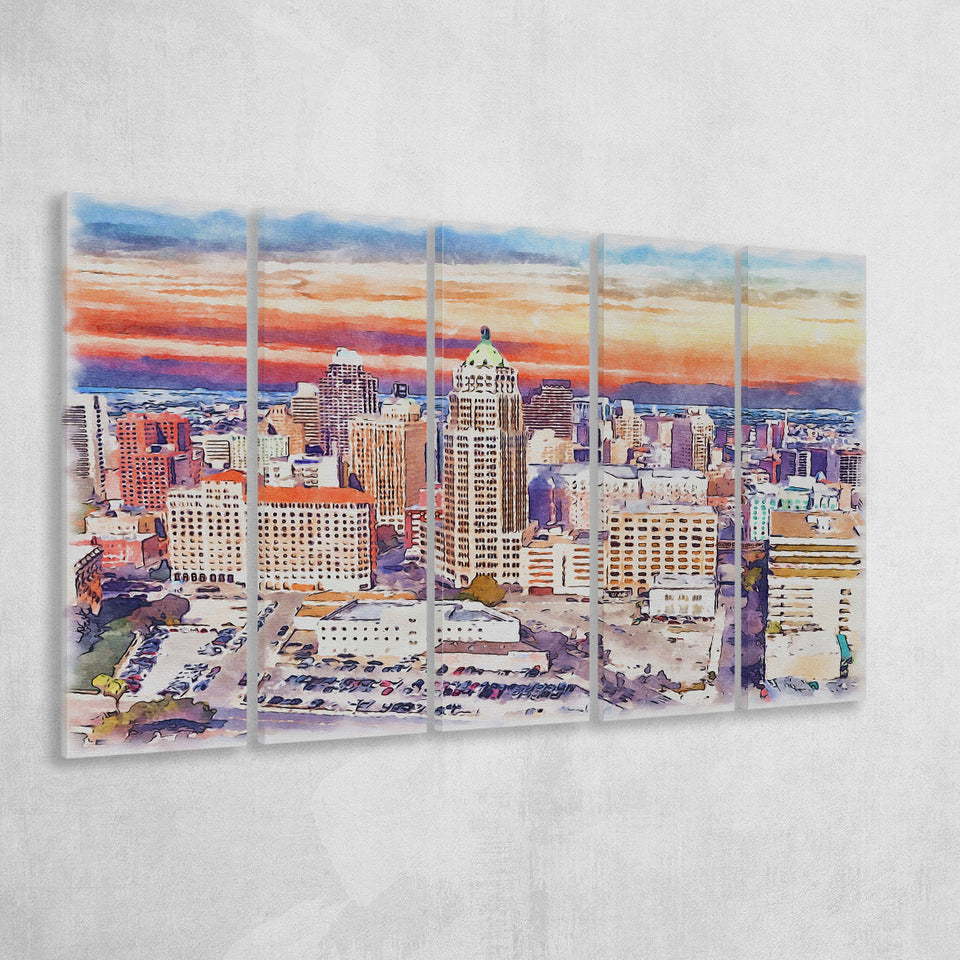 San Antonio Watercolor San Antonio Texas, 5 Pieces B, Multi Panel Canvas Prints Wall Art Decor