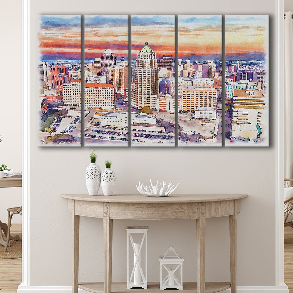 San Antonio Watercolor San Antonio Texas, 5 Pieces B, Multi Panel Canvas Prints Wall Art Decor