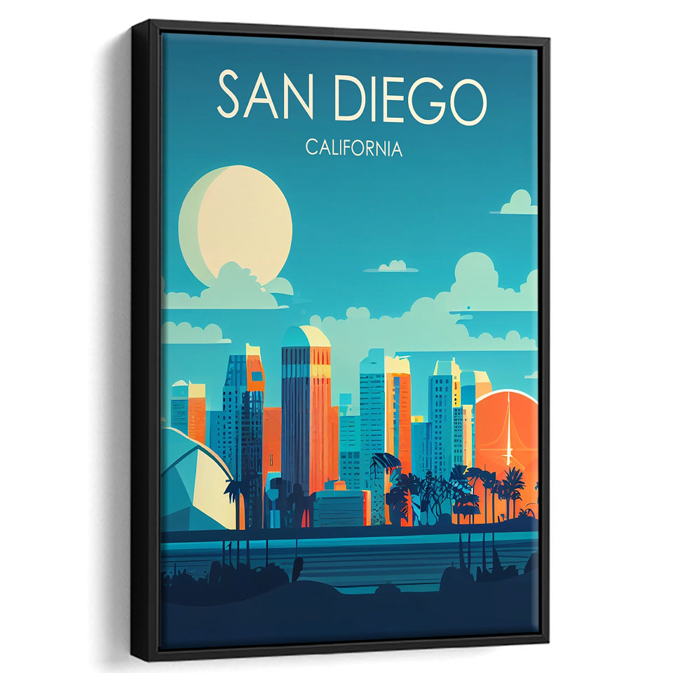 San Diego California Retro Art Print, Large Canvas, Framed Canvas Print Wall Art Home Decor, Floating Frame
