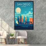 San Diego California Retro Art Print, Large Canvas, Framed Canvas Print Wall Art Home Decor, Floating Frame