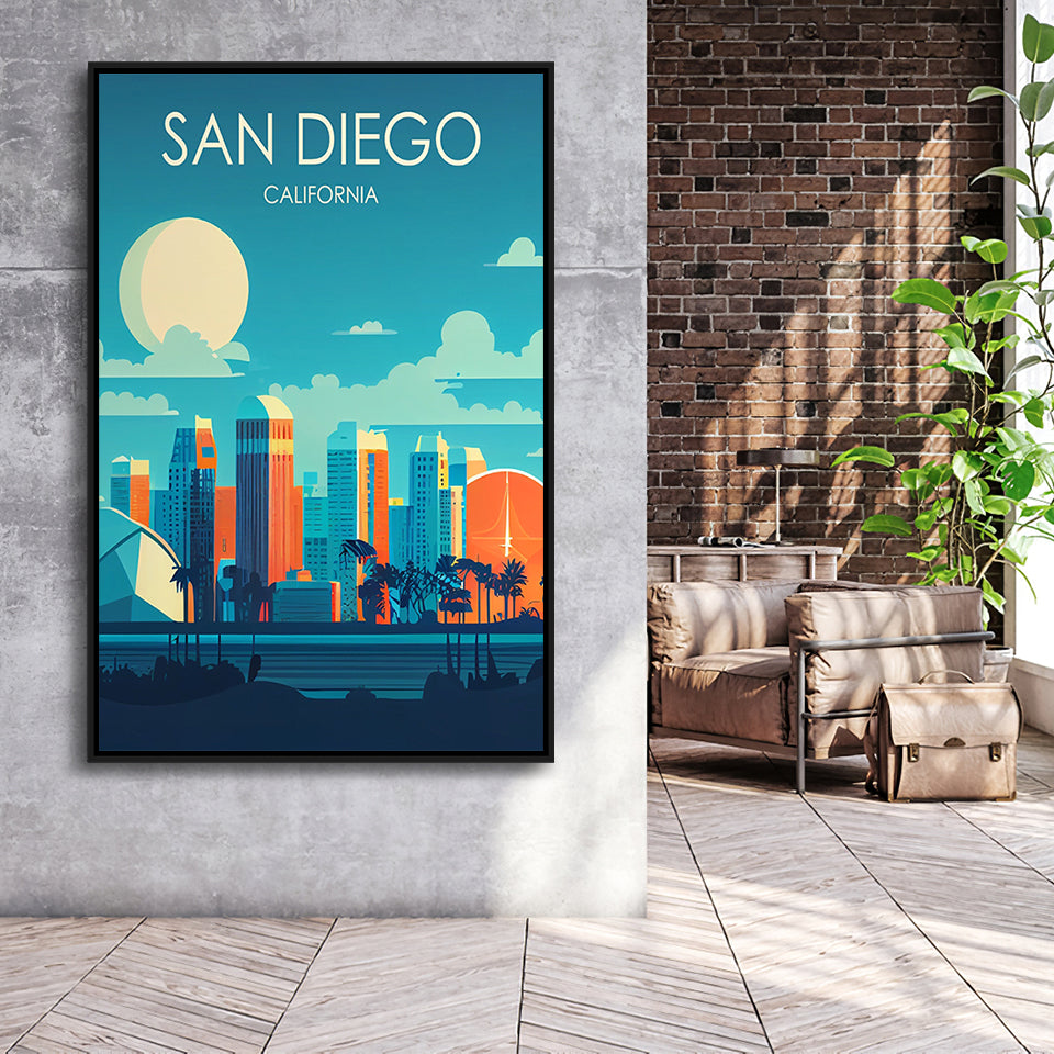 San Diego California Retro Art Print, Large Canvas, Framed Canvas Print Wall Art Home Decor, Floating Frame