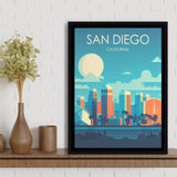 San Diego California Retro Art Print, Large Canvas, Framed Canvas Print Wall Art Home Decor, Floating Frame
