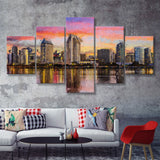 San Diego Cityscape at Sunset 5 Piece Canvas Prints Wall Art Decor - Painting Canvas, Multi Panels