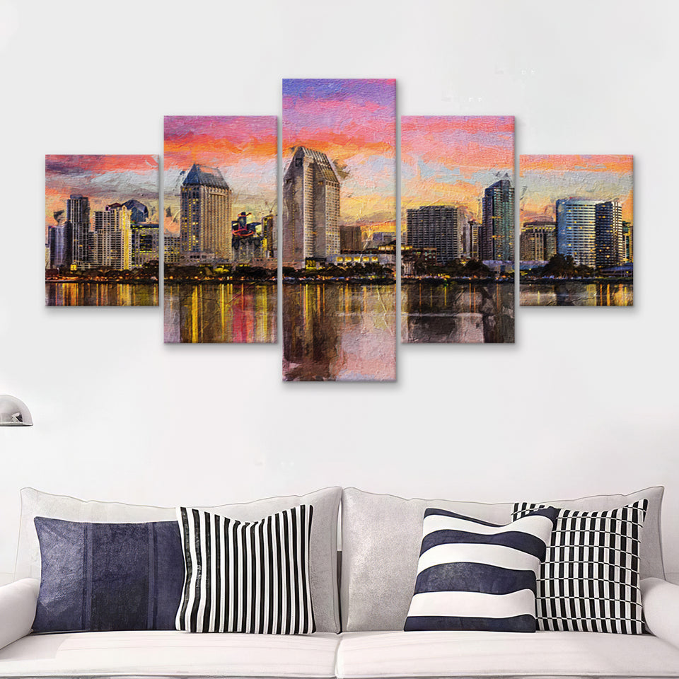 San Diego Cityscape at Sunset 5 Piece Canvas Prints Wall Art Decor - Painting Canvas, Multi Panels