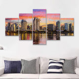 San Diego Cityscape at Sunset 5 Piece Canvas Prints Wall Art Decor - Painting Canvas, Multi Panels