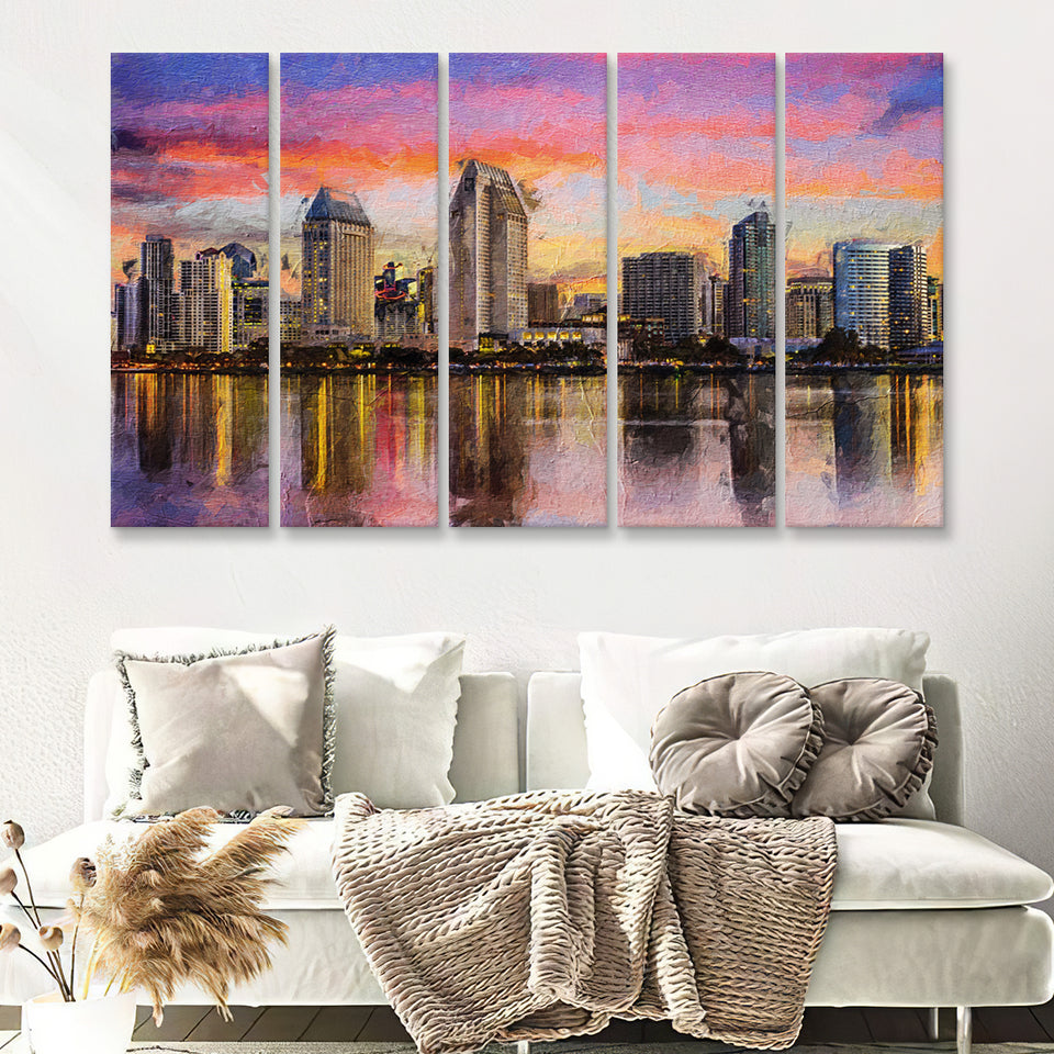 San Diego Cityscape at Sunset 5 Piece B Canvas Prints Wall Art Decor - Painting Canvas, Multi Panels