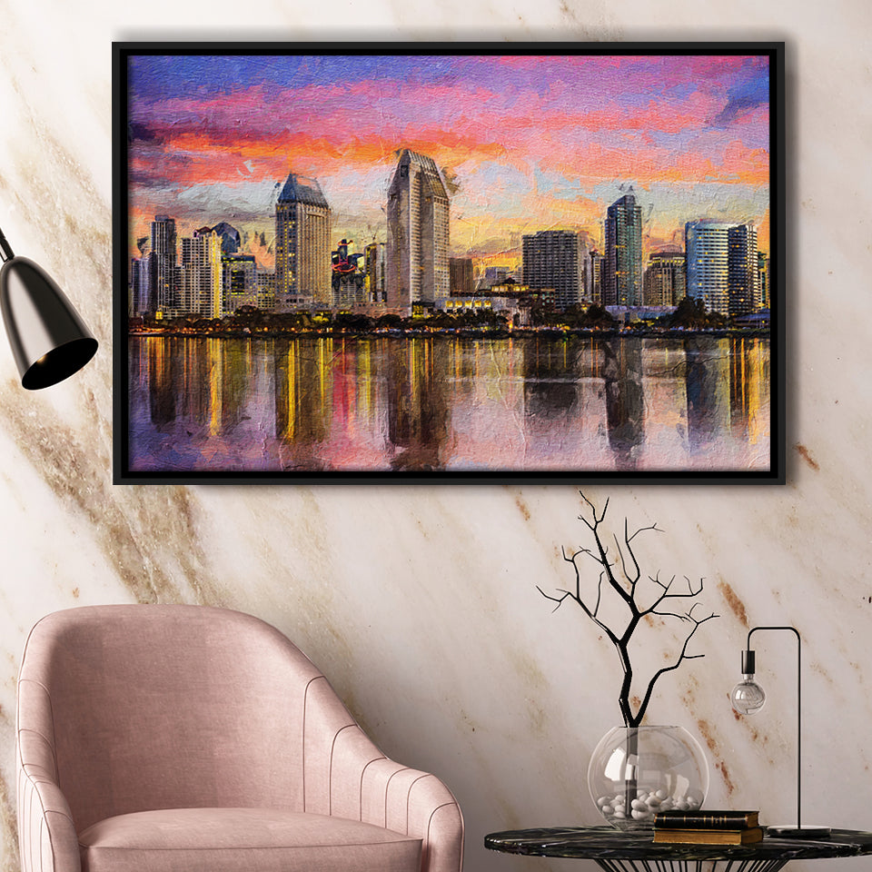 San Diego Cityscape at Sunset Framed Canvas Prints Wall Art Decor - Paiting Canvas, Art Prints, Floating Frame