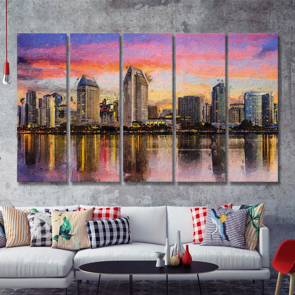 San Diego Cityscape at Sunset 5 Piece B Canvas Prints Wall Art Decor - Painting Canvas, Multi Panels