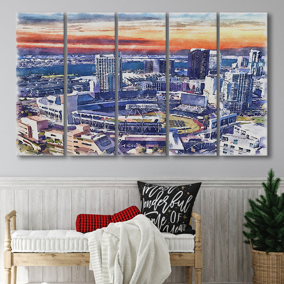 San Diego Padres Petco Park Watercolor, 5 Pieces B, Multi Panel Canvas Prints Wall Art Decor