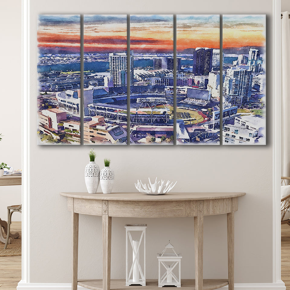 San Diego Padres Petco Park Watercolor, 5 Pieces B, Multi Panel Canvas Prints Wall Art Decor