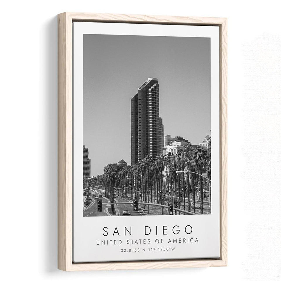 San Diego, Usa Black And White Art Framed Canvas Prints Wall Art Home Decor, Floating Frame