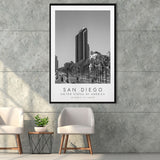 San Diego, Usa Black And White Art Framed Canvas Prints Wall Art Home Decor, Floating Frame