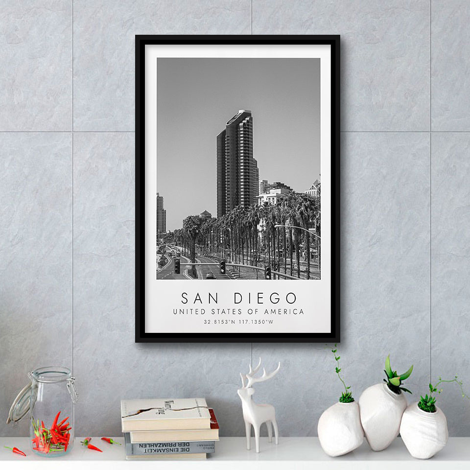 San Diego, Usa Black And White Art Framed Canvas Prints Wall Art Home Decor, Floating Frame