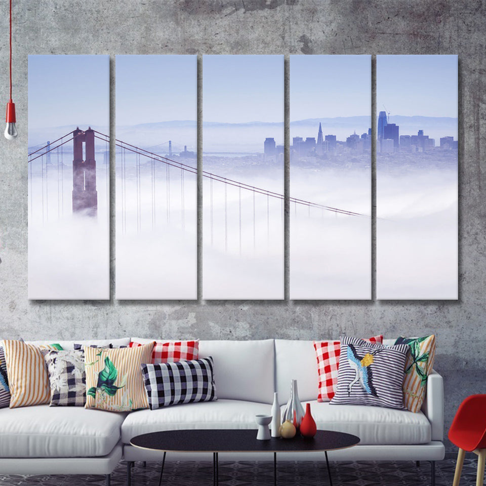 San Francisco Foggy City 5 Piece B Canvas Prints Wall Art Decor - Painting Canvas, Multi Panels