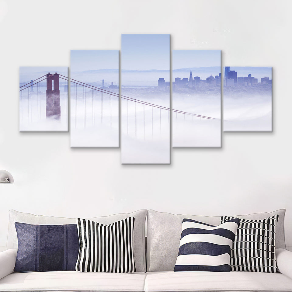 San Francisco Foggy City 5 Piece Canvas Prints Wall Art Decor - Painting Canvas, Multi Panels