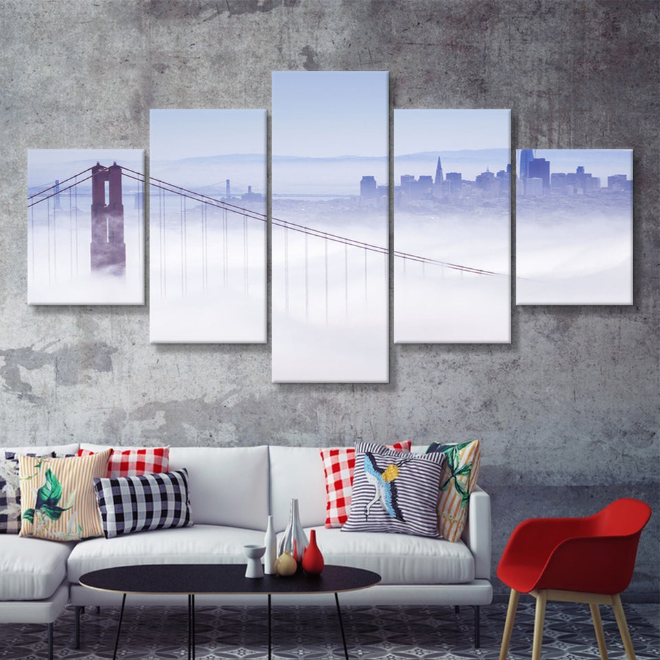 San Francisco Foggy City 5 Piece Canvas Prints Wall Art Decor - Painting Canvas, Multi Panels