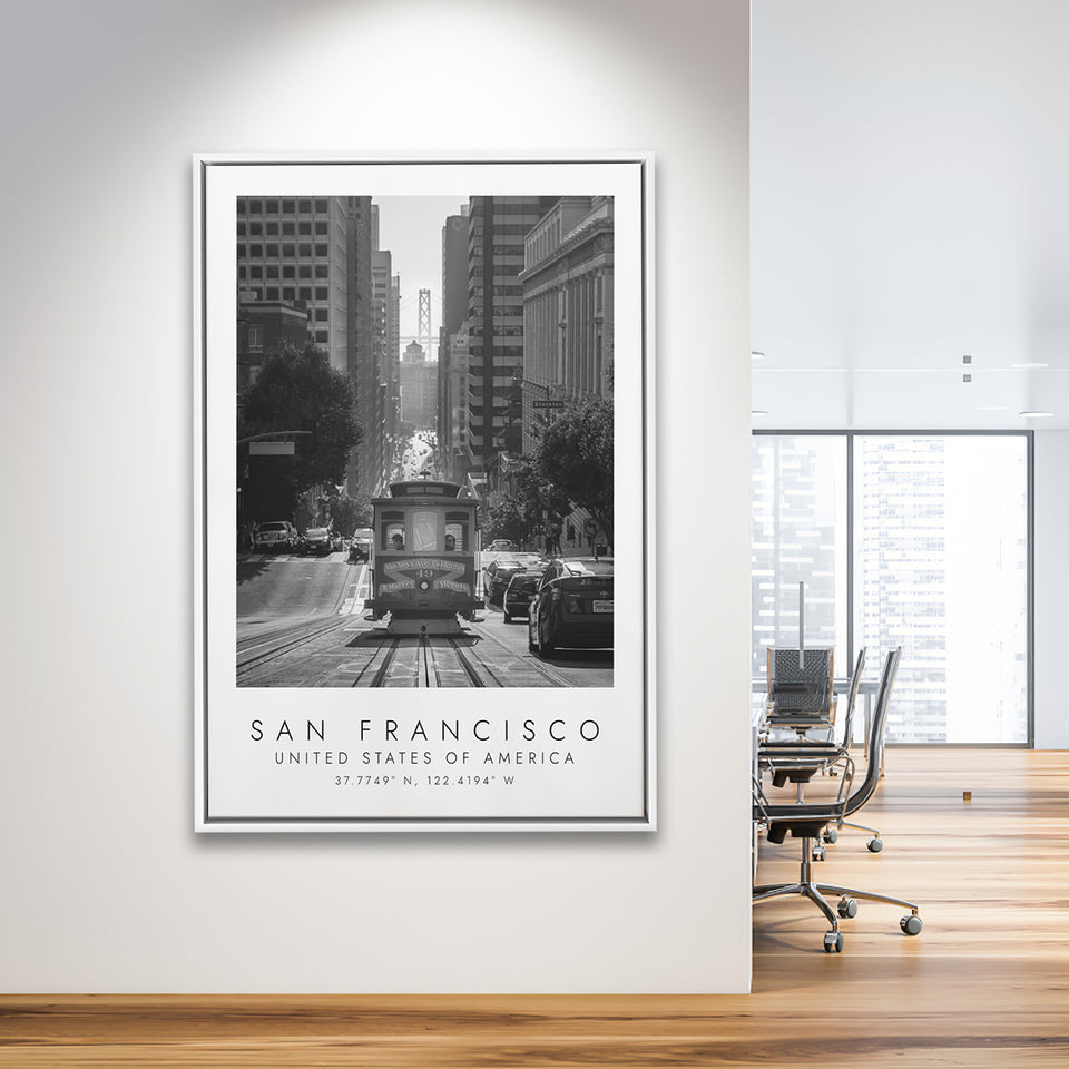 San Francisco Usa 2 Black And White Art Framed Canvas Prints Wall Art Home Decor, Floating Frame