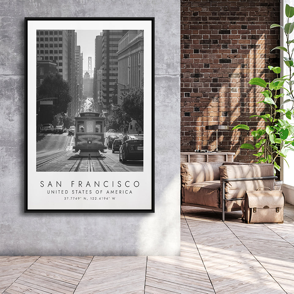 San Francisco Usa 2 Black And White Art Framed Canvas Prints Wall Art Home Decor, Floating Frame