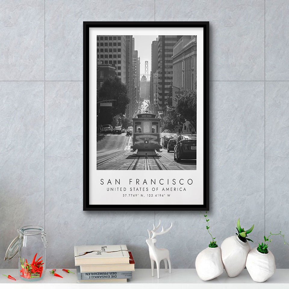 San Francisco Usa 2 Black And White Art Framed Canvas Prints Wall Art Home Decor, Floating Frame