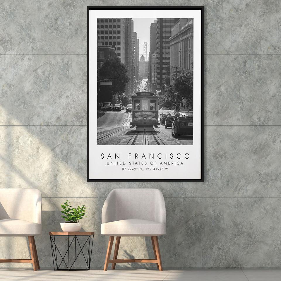 San Francisco Usa 2 Black And White Art Framed Canvas Prints Wall Art Home Decor, Floating Frame