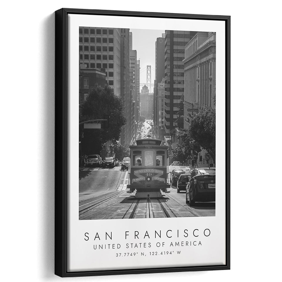 San Francisco Usa 2 Black And White Art Framed Canvas Prints Wall Art Home Decor, Floating Frame
