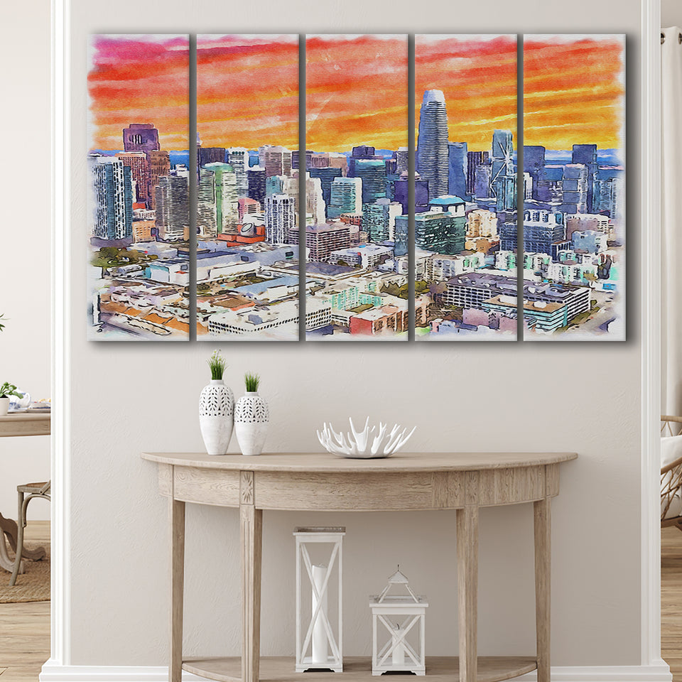 San Francisco Watercolor San Francisco California, 5 Pieces B, Multi Panel Canvas Prints Wall Art Decor