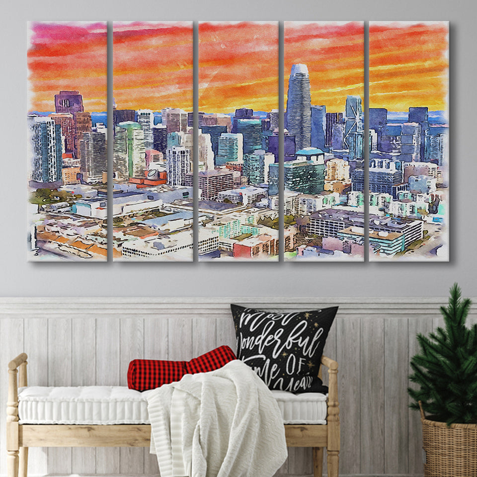 San Francisco Watercolor San Francisco California, 5 Pieces B, Multi Panel Canvas Prints Wall Art Decor